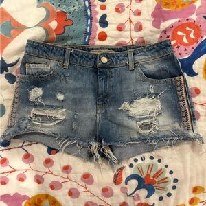 2000s Bershka Blue Distressed Jean Short Shorts Frayed Edge